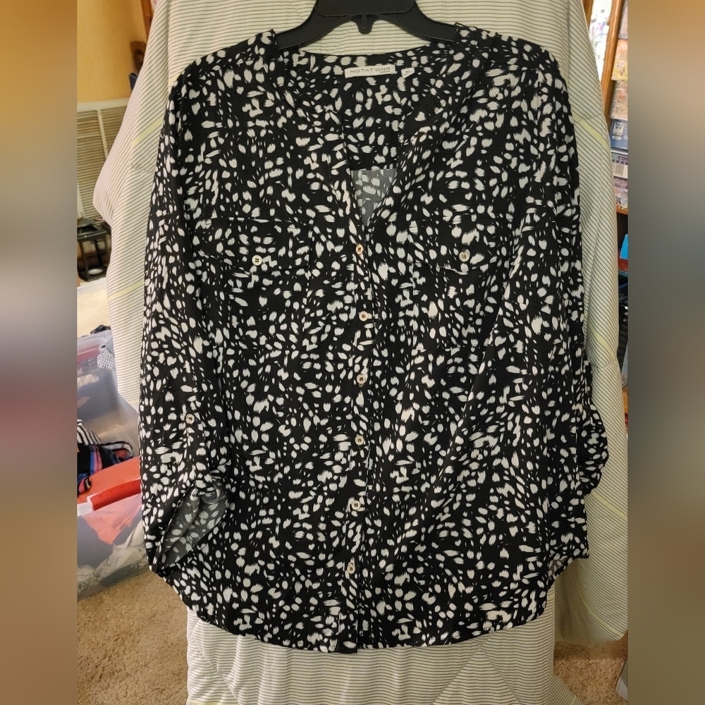 Notations 3X Black & White Blouse Double Breasted Pockets